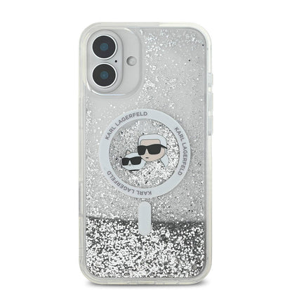 Apple iPhone 16 Plus Kılıf Karl Lagerfeld Orjinal Lisanslı M-safe Şarj Özellikli Sıvılı Simli K&C Heads Kapak Şeffaf