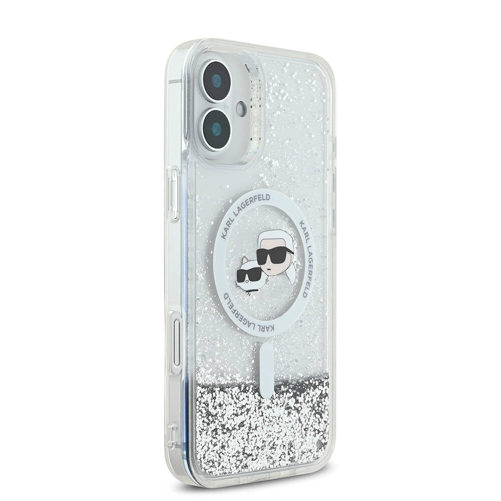 Apple iPhone 16 Plus Kılıf Karl Lagerfeld Orjinal Lisanslı M-safe Şarj Özellikli Sıvılı Simli K&C Heads Kapak Şeffaf