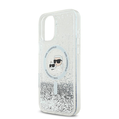 Apple iPhone 16 Plus Kılıf Karl Lagerfeld Orjinal Lisanslı M-safe Şarj Özellikli Sıvılı Simli K&C Heads Kapak Şeffaf