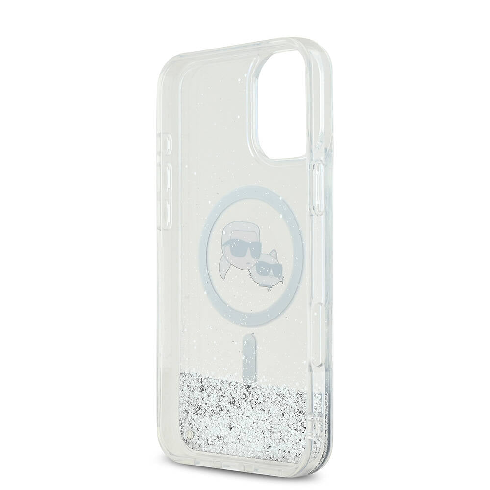 Apple iPhone 16 Plus Kılıf Karl Lagerfeld Orjinal Lisanslı M-safe Şarj Özellikli Sıvılı Simli K&C Heads Kapak Şeffaf