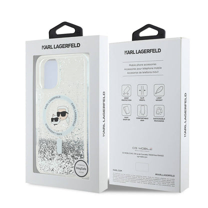 Apple iPhone 16 Plus Kılıf Karl Lagerfeld Orjinal Lisanslı M-safe Şarj Özellikli Sıvılı Simli K&C Heads Kapak Şeffaf