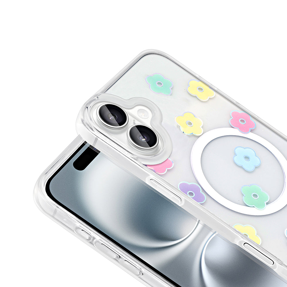 Apple iPhone 16 Plus Case M-Safe Charging Transparent Zore Folk Hard Cover Daisy