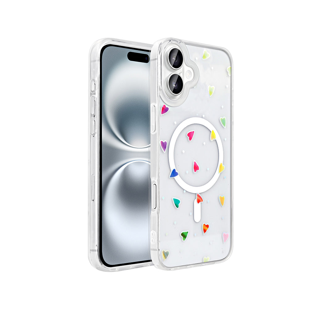 Apple iPhone 16 Plus Case M-Safe Charging Transparent Zore Folk Hard Cover Heart
