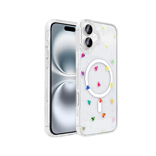 Apple iPhone 16 Plus Case M-Safe Charging Transparent Zore Folk Hard Cover Heart