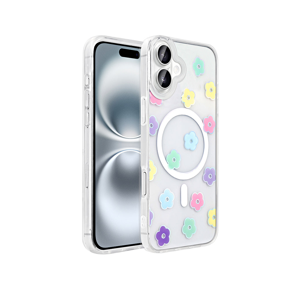 Apple iPhone 16 Plus Case M-Safe Charging Transparent Zore Folk Hard Cover Daisy