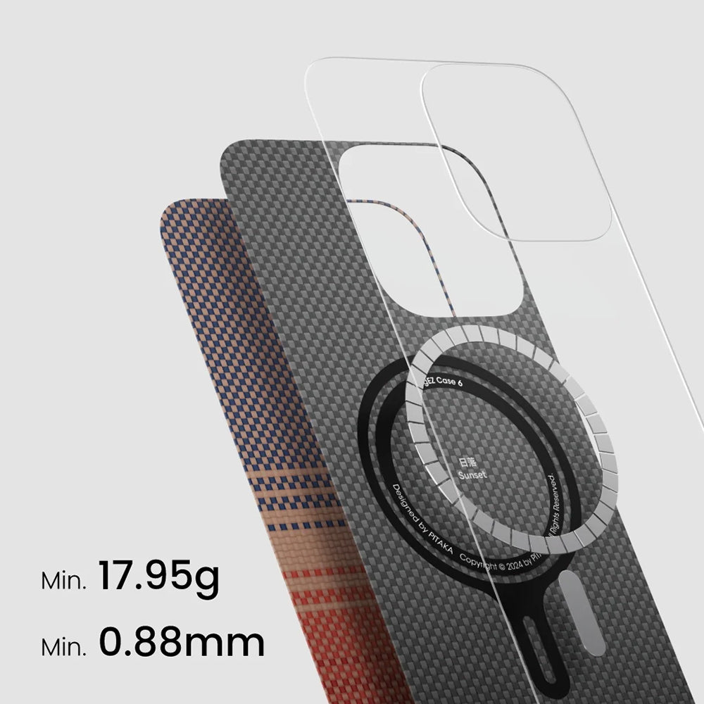 Apple iPhone 16 Plus Kılıf M-safe Şarj Özellikli Aramid Fiber Pitaka Tactile Woven Sunset-Moonrise Serisi Sunset Kapak Kahverengi