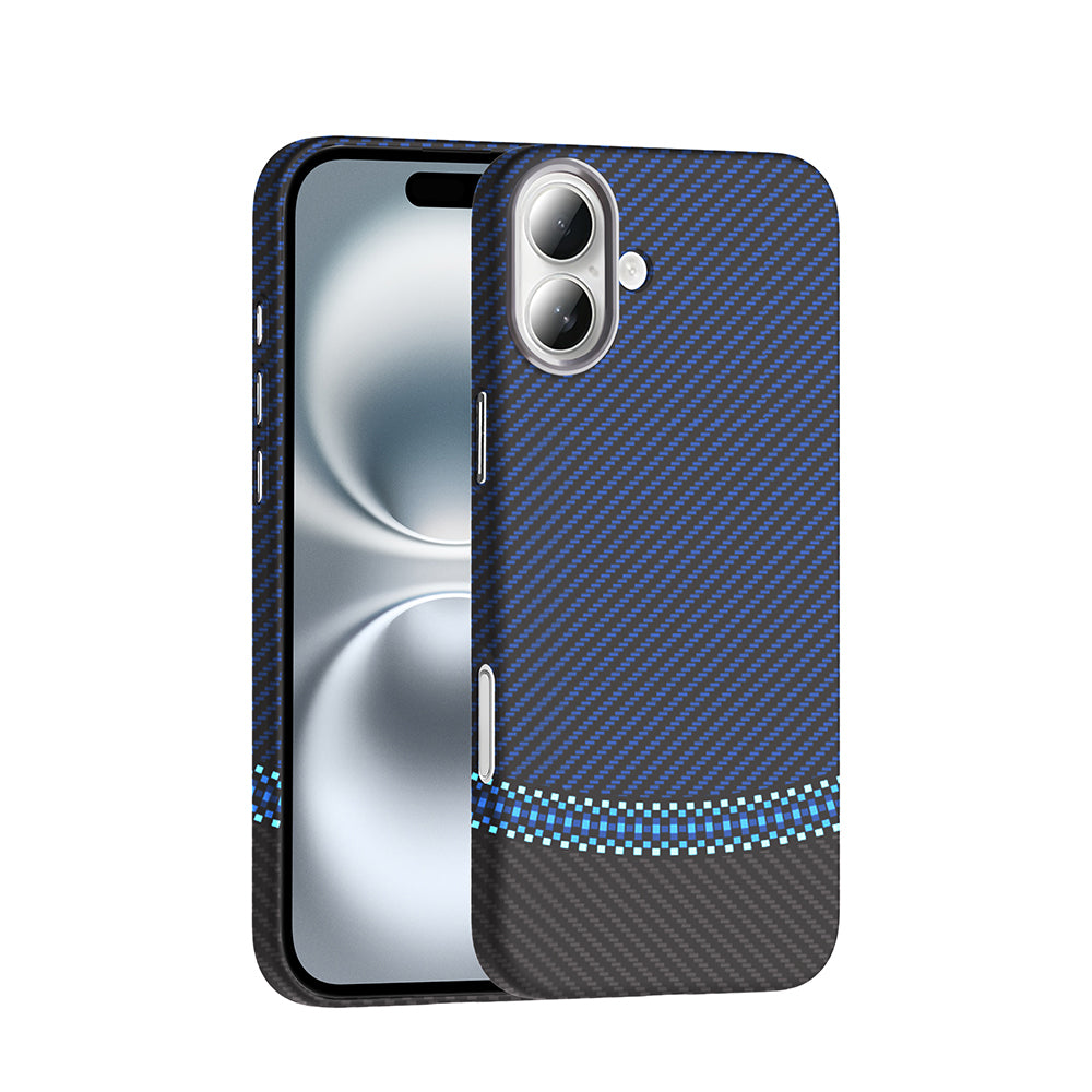 Apple iPhone 16 Plus Case with M-Safe Charging Function, Carbon Fiber Look Zore Gros Cover, Black-Navy Blue 