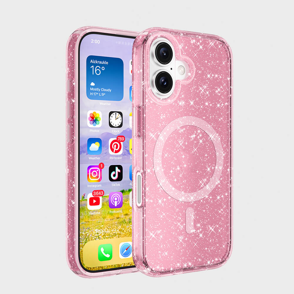 Apple iPhone 16 Plus Case M-safe Charging Feature Shining Glitter Transparent Colorful Zore Allstar Cover Pink