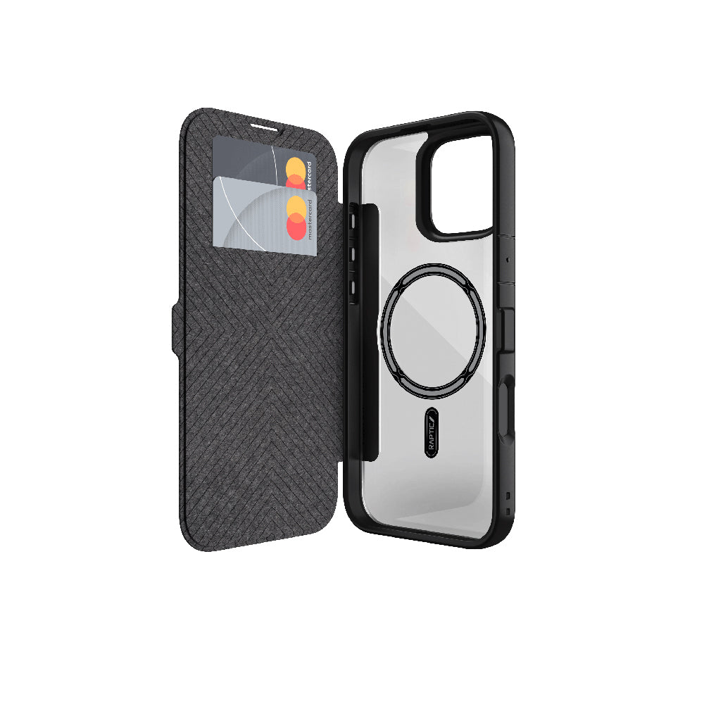 Apple iPhone 16 Plus Kılıf M-safe Şarj Özellikli Vegan Deri Tasarımlı Şeffaf Arka Yüzey Kartlıklı Raptic Urban Folio Serisi Kapak Siyah