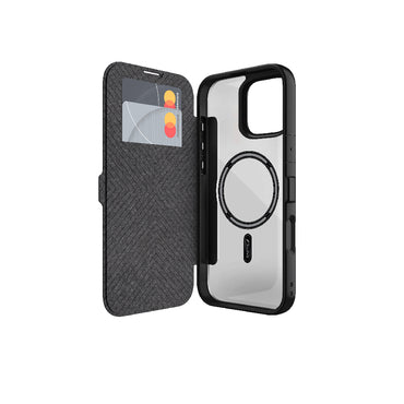 Apple iPhone 16 Plus Kılıf M-safe Şarj Özellikli Vegan Deri Tasarımlı Şeffaf Arka Yüzey Kartlıklı Raptic Urban Folio Serisi Kapak Siyah