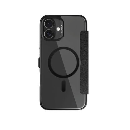Apple iPhone 16 Plus Kılıf M-safe Şarj Özellikli Vegan Deri Tasarımlı Şeffaf Arka Yüzey Kartlıklı Raptic Urban Folio Serisi Kapak Siyah