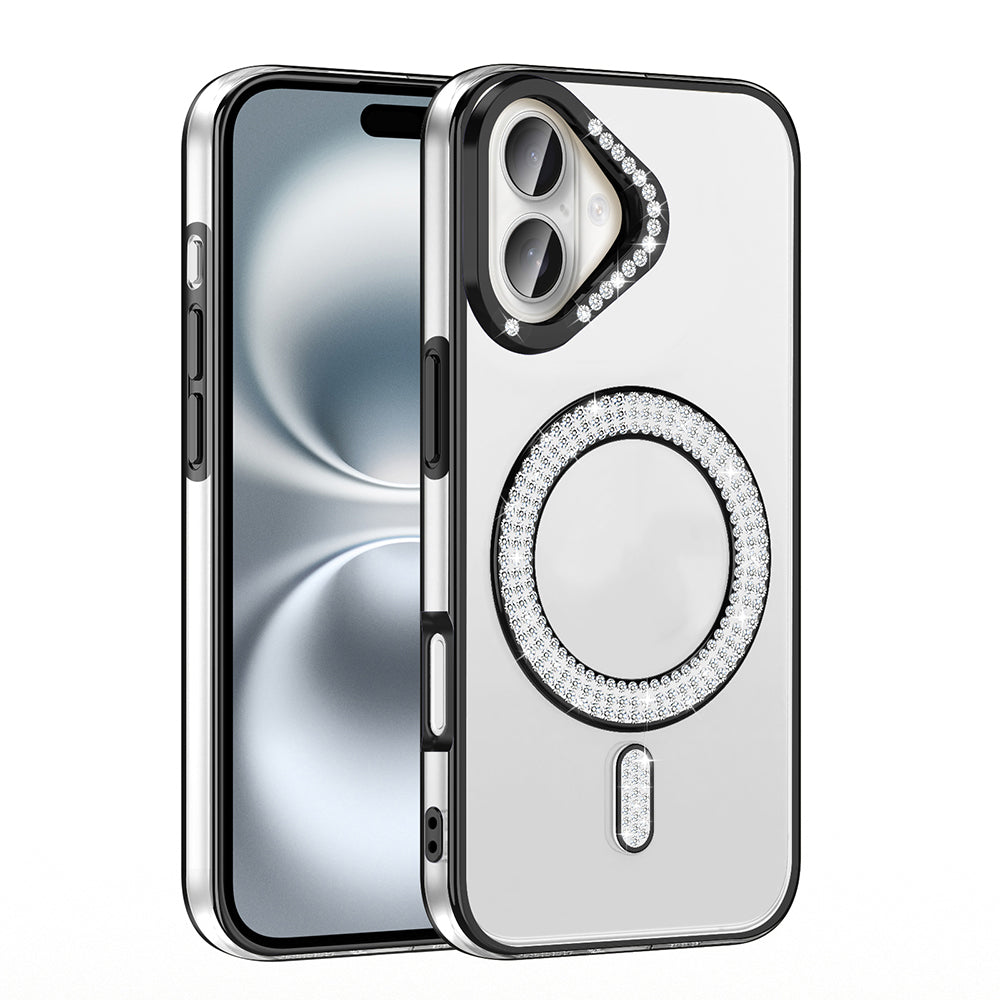 Apple iPhone 16 Plus Case Diamond Stone Design M-Safe Charging Feature Zore Caretta Silicone Cover Silver 