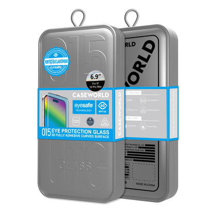 Apple iPhone 16 Pro CaseWorld 3D Eyesafe Mavi Işık Teknolojili 0.15mm Temperli Cam Ekran  Koruyucu + Uygulama Aparatı Şeffaf
