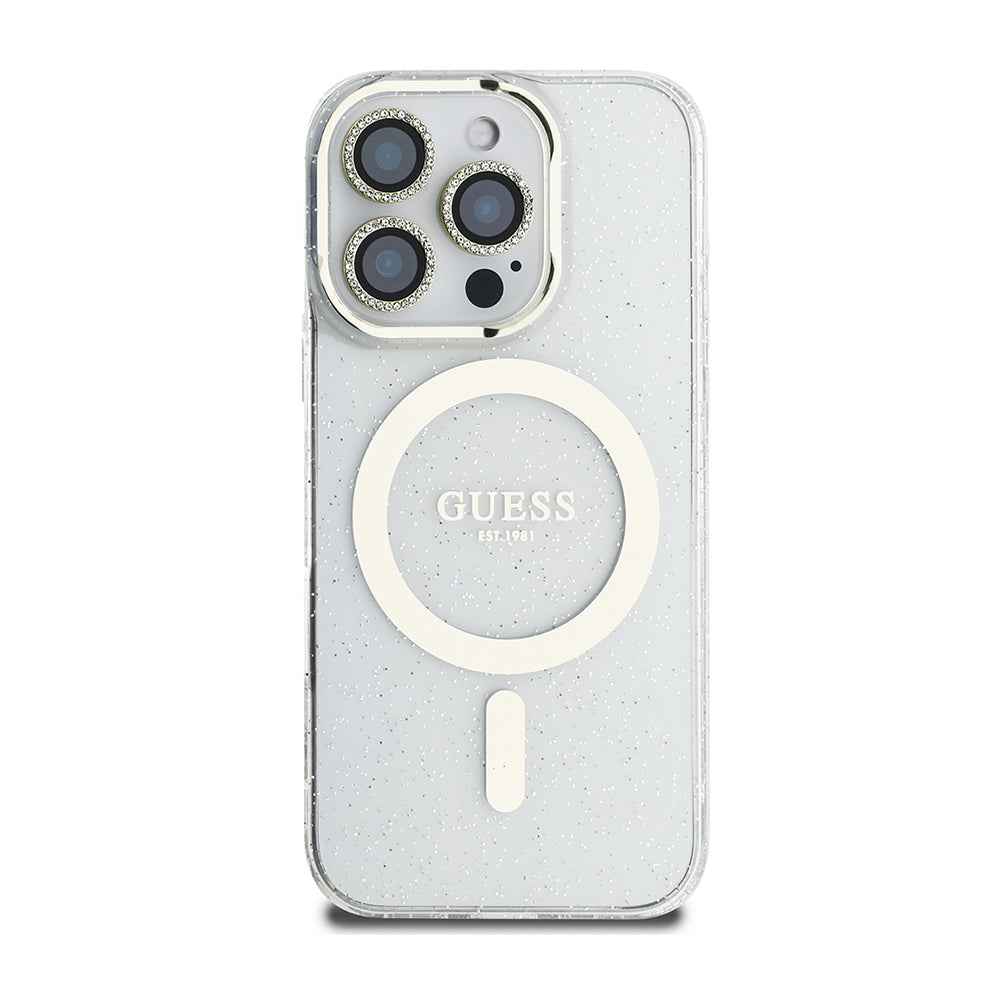Apple iPhone 16 Pro Guess Original Licensed 3-Piece Accessory Set IML Printed Glitter Case + Screen Protector + Lens Protector Transparent 