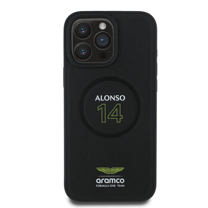 Apple iPhone 16 Pro Kılıf Aston Martin Orjinal Lisanslı M-safe Şarj Özellikli PU Deri Alonso 14 Baskılı Kapak Siyah