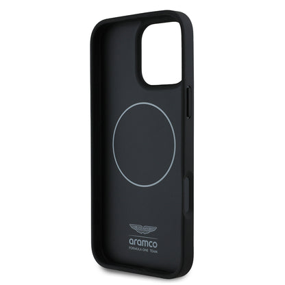 Apple iPhone 16 Pro Kılıf Aston Martin Orjinal Lisanslı M-safe Şarj Özellikli PU Deri Alonso 14 Baskılı Kapak Siyah