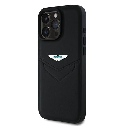 Apple iPhone 16 Pro Kılıf Aston Martin Orjinal Lisanslı Victory Dizayn PU Deri Metal Logolu Kapak Siyah