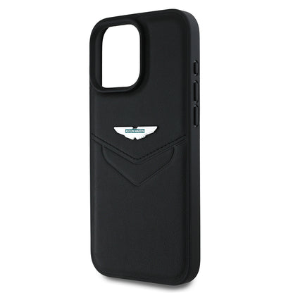 Apple iPhone 16 Pro Kılıf Aston Martin Orjinal Lisanslı Victory Dizayn PU Deri Metal Logolu Kapak Siyah