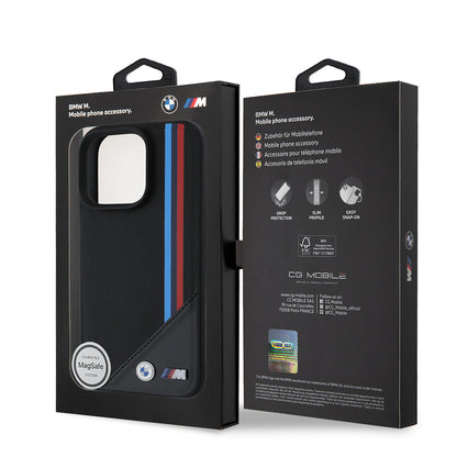 Apple iPhone 16 Pro Kılıf BMW Orjinal Lisanslı M-safe Şarj Özellikli M Logolu Üç Çizgili Dikiş Detaylı Meshed Tricolor Stripes Kapak Siyah