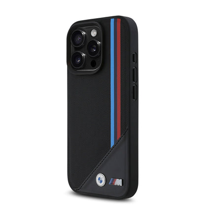 Apple iPhone 16 Pro Kılıf BMW Orjinal Lisanslı M-safe Şarj Özellikli M Logolu Üç Çizgili Dikiş Detaylı Meshed Tricolor Stripes Kapak Siyah