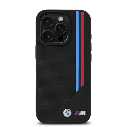 Apple iPhone 16 Pro Kılıf BMW Orjinal Lisanslı M-safe Şarj Özellikli M Logolu Üç Çizgili Dikiş Detaylı Meshed Tricolor Stripes Kapak Siyah