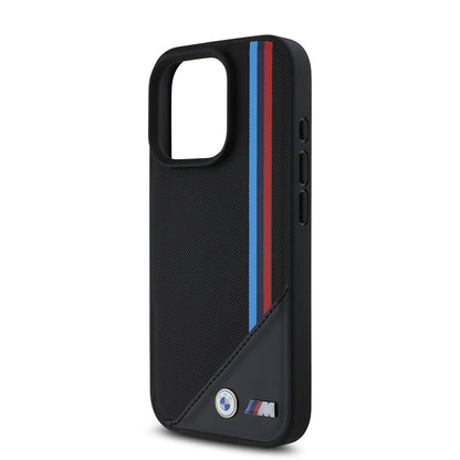 Apple iPhone 16 Pro Kılıf BMW Orjinal Lisanslı M-safe Şarj Özellikli M Logolu Üç Çizgili Dikiş Detaylı Meshed Tricolor Stripes Kapak Siyah