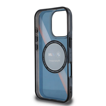 Apple iPhone 16 Pro Kılıf BMW Orjinal Lisanslı M-safe Şarj Özellikli M Logolu Üç Renk Çizgili Motorsport Circle Kapak Lacivert