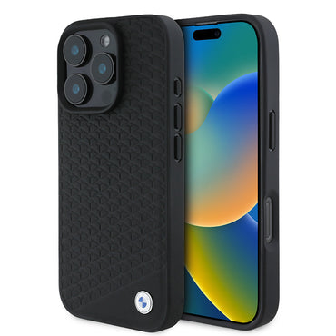 Apple iPhone 16 Pro Kılıf BMW Orjinal Lisanslı M-safe Şarj Özellikli Metal Logolu Dokulu Diamond Deri Kapak Siyah