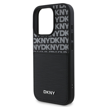 Apple iPhone 16 Pro Kılıf DKNY Orjinal Lisanslı Kartlıklı 3D Yazılı Repeat Texture Pattern Kapak Siyah