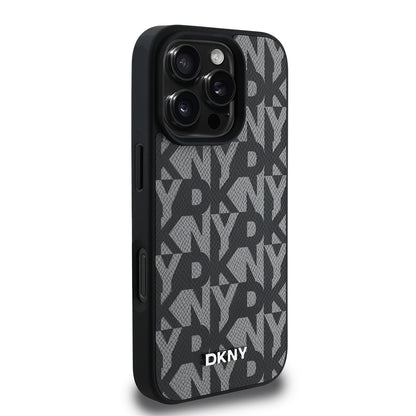 Apple iPhone 16 Pro Kılıf DKNY Orjinal Lisanslı M-safe Şarj Özellikli 3D Yazılı Grid Pattern Kapak Gri
