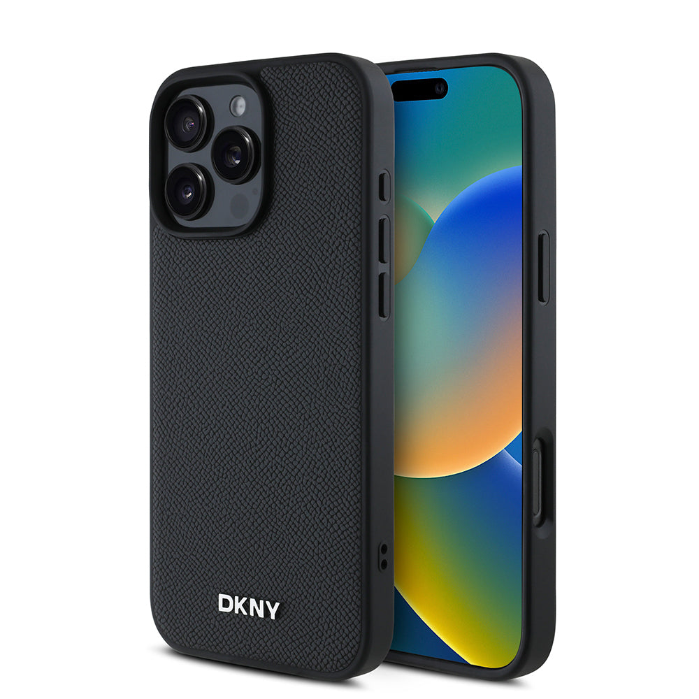 Apple iPhone 16 Pro Kılıf DKNY Orjinal Lisanslı M-safe Şarj Özellikli Metal Logolu PU Deri Grained Kapak Siyah