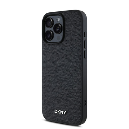 Apple iPhone 16 Pro Kılıf DKNY Orjinal Lisanslı M-safe Şarj Özellikli Metal Logolu PU Deri Grained Kapak Siyah