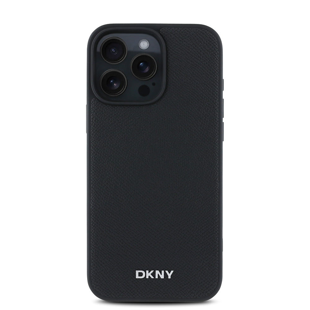 Apple iPhone 16 Pro Kılıf DKNY Orjinal Lisanslı M-safe Şarj Özellikli Metal Logolu PU Deri Grained Kapak Siyah