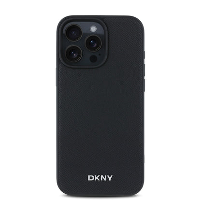 Apple iPhone 16 Pro Kılıf DKNY Orjinal Lisanslı M-safe Şarj Özellikli Metal Logolu PU Deri Grained Kapak Siyah