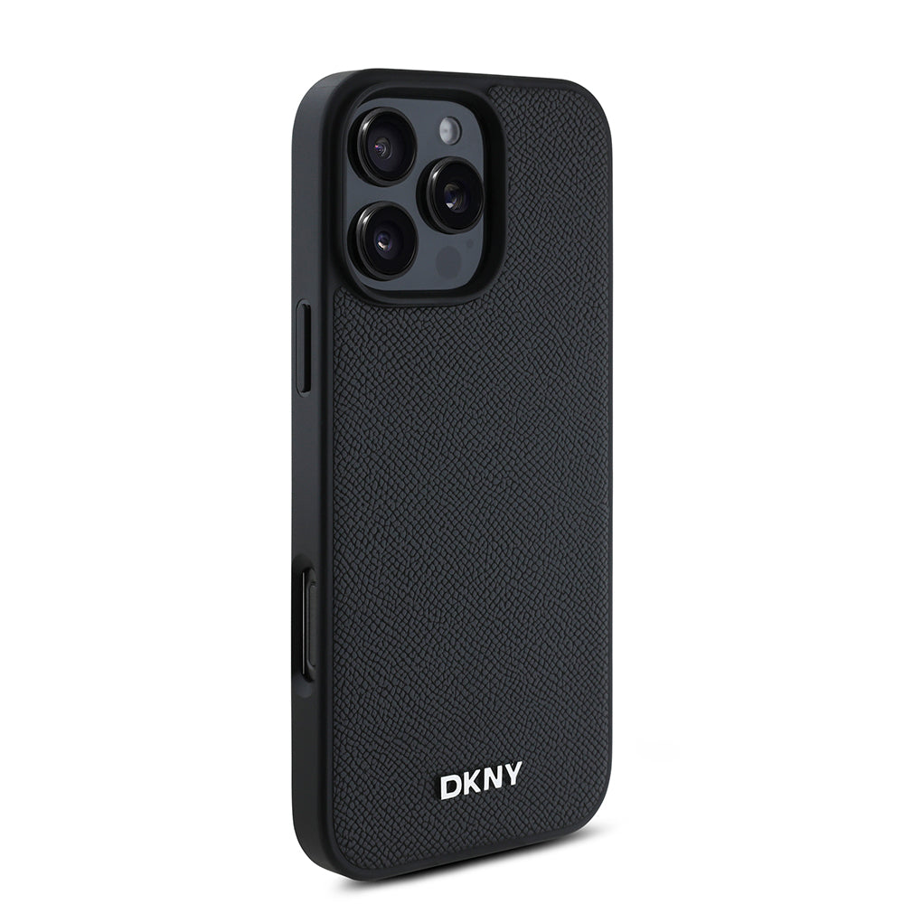 Apple iPhone 16 Pro Kılıf DKNY Orjinal Lisanslı M-safe Şarj Özellikli Metal Logolu PU Deri Grained Kapak Siyah