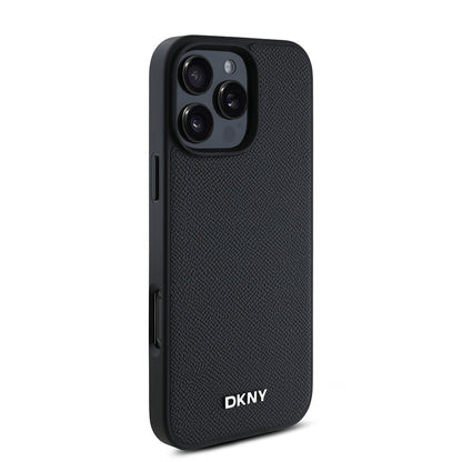 Apple iPhone 16 Pro Kılıf DKNY Orjinal Lisanslı M-safe Şarj Özellikli Metal Logolu PU Deri Grained Kapak Siyah