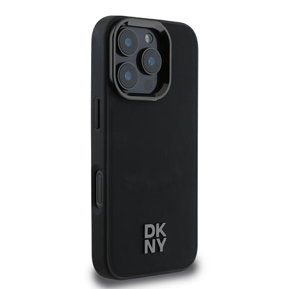 Apple iPhone 16 Pro Kılıf DKNY Orjinal Lisanslı M-safe Şarj Özellikli Metal Logolu PU Deri Plain Kapak Siyah