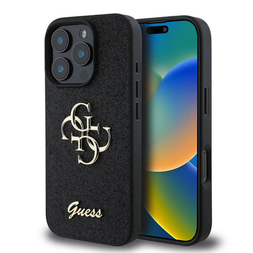 Apple iPhone 16 Pro Case Guess Original Licensed 4G Large Metal Logo Glitter Cover Black