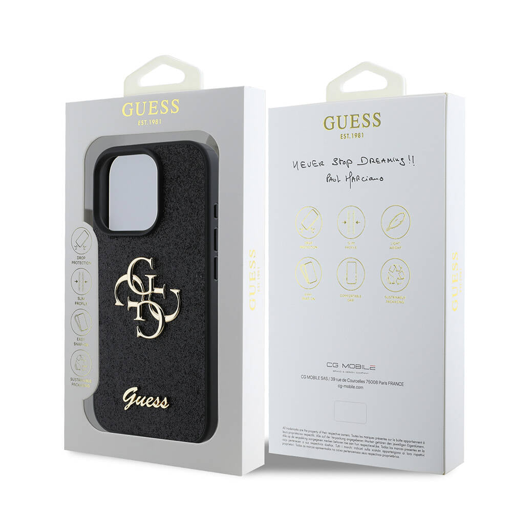 Apple iPhone 16 Pro Case Guess Original Licensed 4G Large Metal Logo Glitter Cover Gold