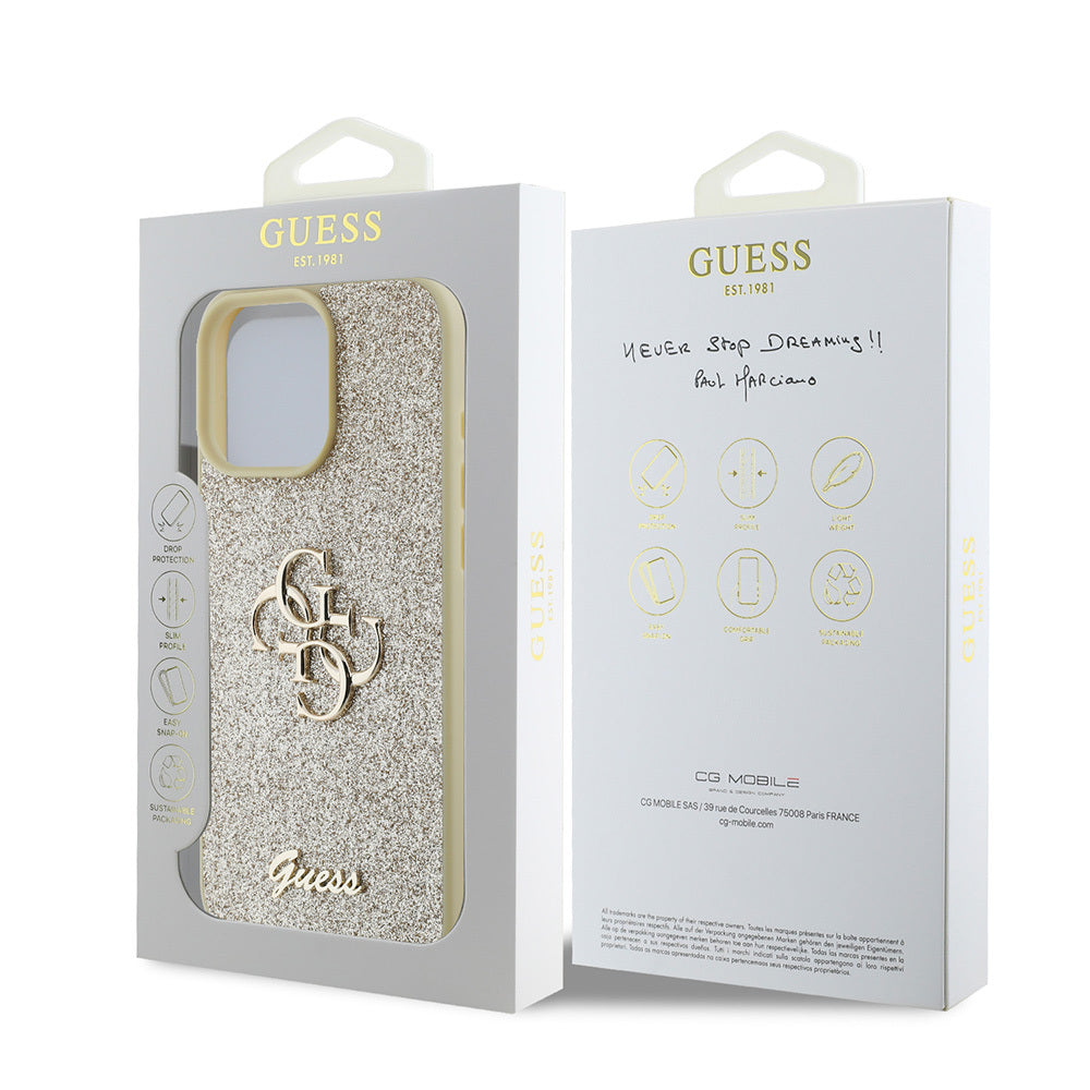 Apple iPhone 16 Pro Case Guess Original Licensed 4G Large Metal Logo Glitter Cover Gold