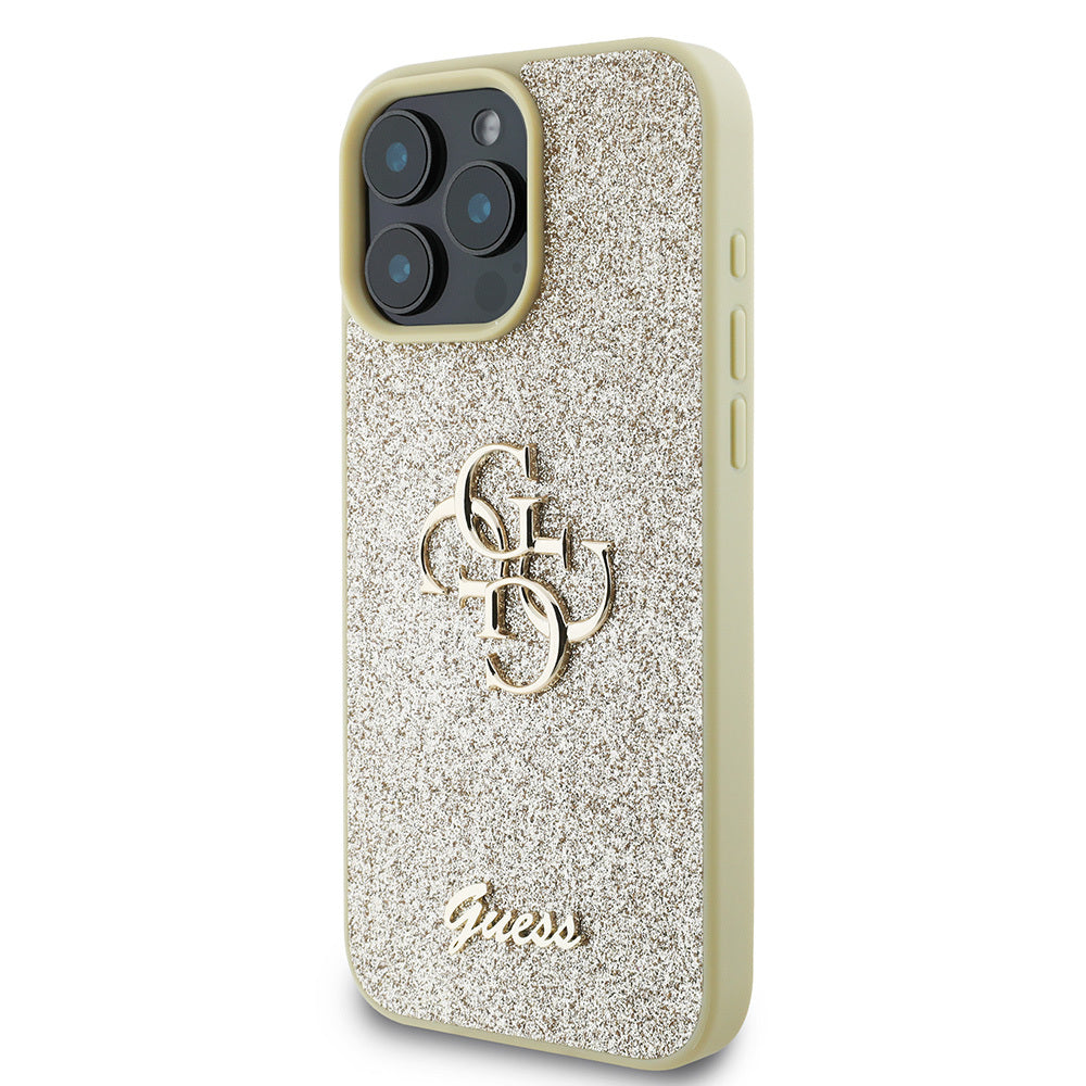 Apple iPhone 16 Pro Case Guess Original Licensed 4G Large Metal Logo Glitter Cover Gold