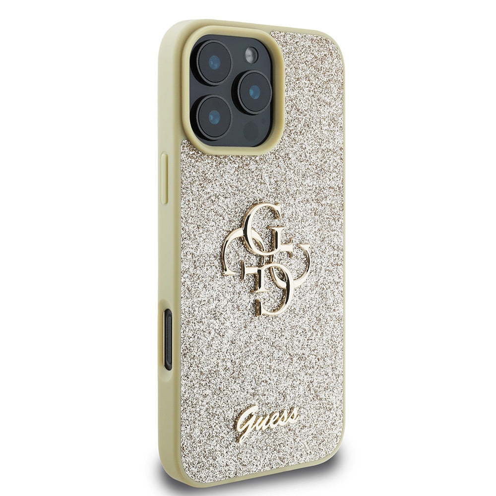 Apple iPhone 16 Pro Case Guess Original Licensed 4G Large Metal Logo Glitter Cover Gold