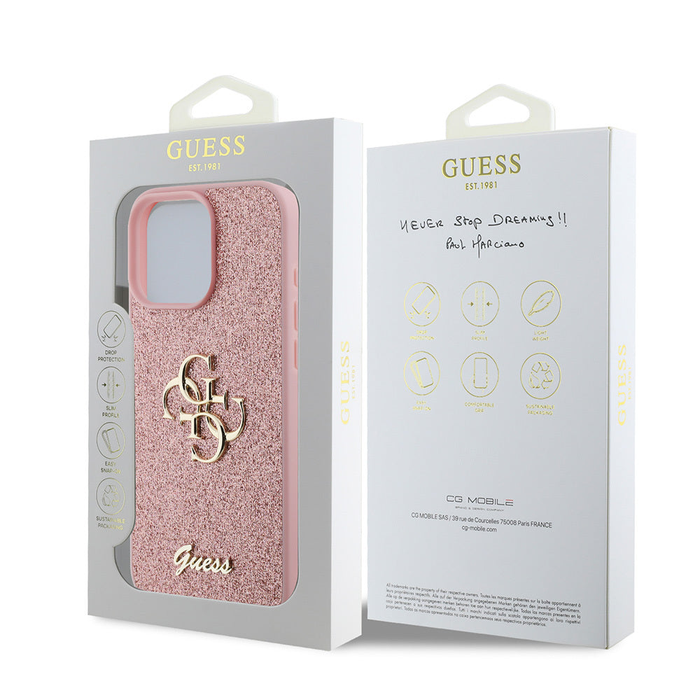 Apple iPhone 16 Pro Case Guess Original Licensed 4G Large Metal Logo Glitter Cover Gold