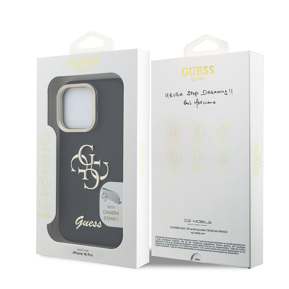 Apple iPhone 16 Pro Kılıf Guess Orjinal Lisanslı Grained Yazı Logolu Kamera Standlı Kapak Bej