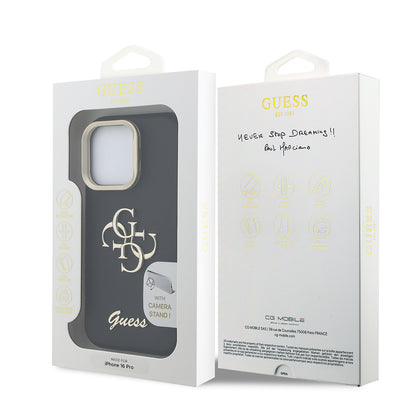 Apple iPhone 16 Pro Kılıf Guess Orjinal Lisanslı Grained Yazı Logolu Kamera Standlı Kapak Bej