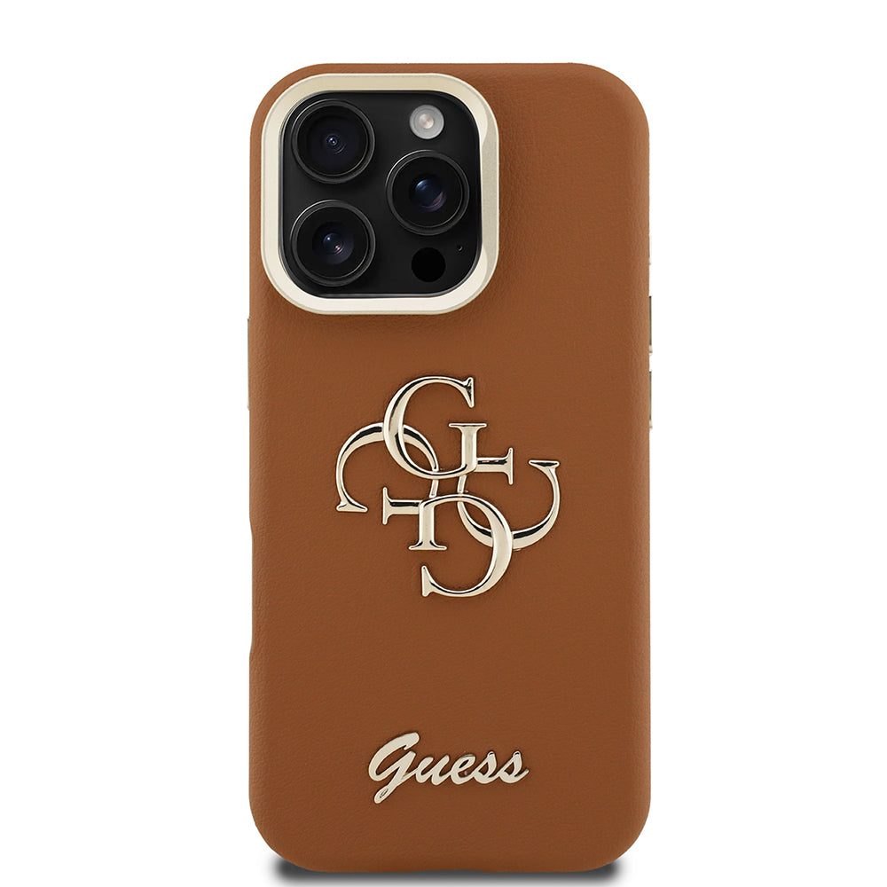 Apple iPhone 16 Pro Kılıf Guess Orjinal Lisanslı Grained Yazı Logolu Kamera Standlı Kapak Bej