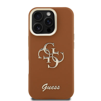 Apple iPhone 16 Pro Kılıf Guess Orjinal Lisanslı Grained Yazı Logolu Kamera Standlı Kapak Bej