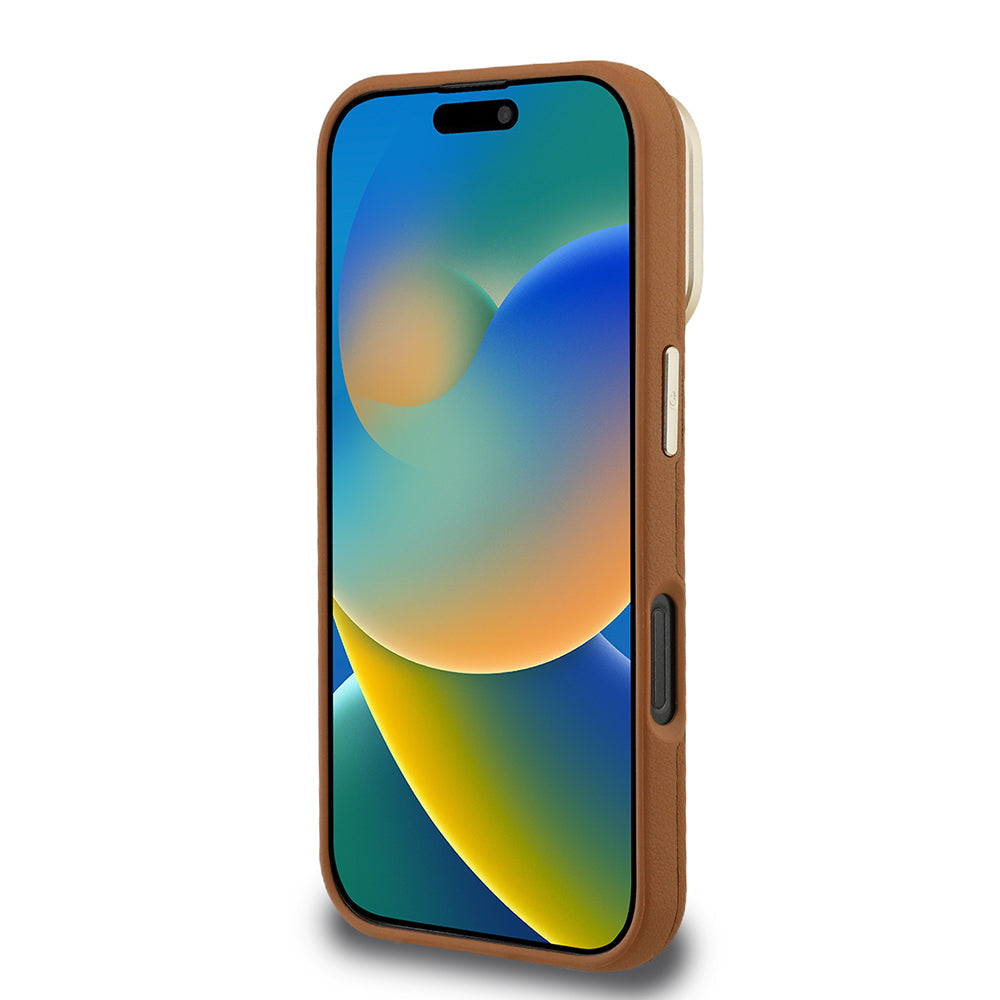 Apple iPhone 16 Pro Kılıf Guess Orjinal Lisanslı Grained Yazı Logolu Kamera Standlı Kapak Bej