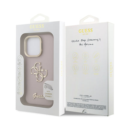 Apple iPhone 16 Pro Kılıf Guess Orjinal Lisanslı Grained Yazı Logolu Kamera Standlı Kapak Bej
