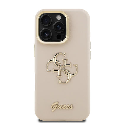 Apple iPhone 16 Pro Kılıf Guess Orjinal Lisanslı Grained Yazı Logolu Kamera Standlı Kapak Bej